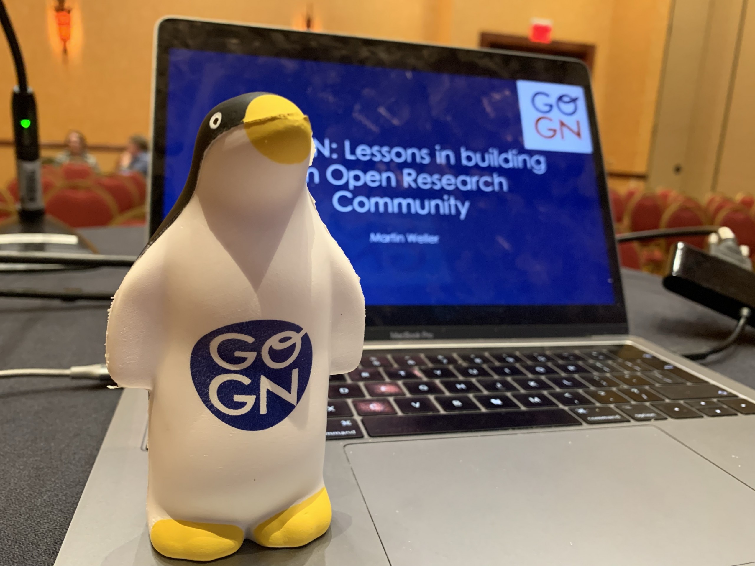 GO-GN penguin in front of a laptop