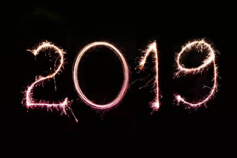 the numbers 2019 written by fireworks in the black sky