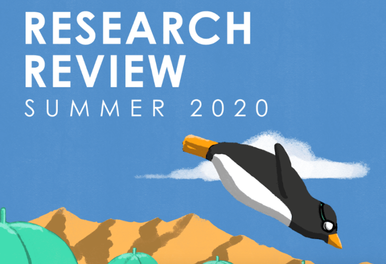 Splash card for Research Review featuring a penguin "in flight"